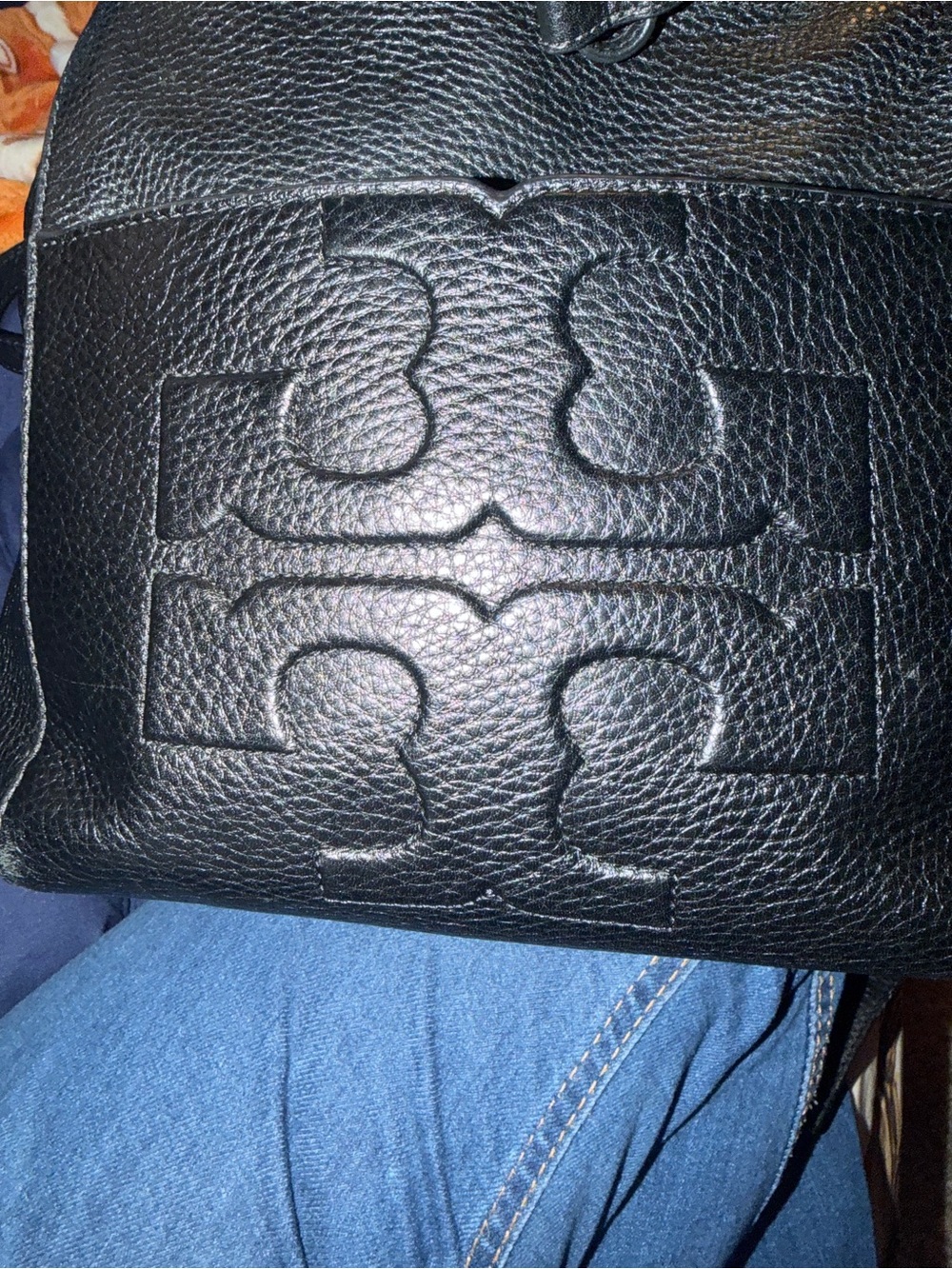 Tory Burch Black Pebbled Leather Backpack with Embossed Logo